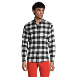 Men's Lands' End Traditional-Fit Printed Flagship Flannel Button-Down Shirt -Outdoor Clothing Sales 4430404 Black Ivory Check