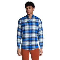 Men's Lands' End Traditional-Fit Printed Flagship Flannel Button-Down Shirt -Outdoor Clothing Sales 4430404 Cobalt Multi Plaid