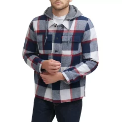 Men's Levi's® Sherpa-Lined Hoodie Shirt Jacket -Outdoor Clothing Sales 4913966 Navy Red Skater Plaid