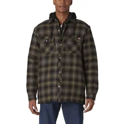 Men's Dickies Fleece Hooded Flannel Shirt Jacket with Hydroshield -Outdoor Clothing Sales 4941775 Military Green Plaid