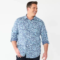Big & Tall Apt. 9® Knit Button-Down Shirt -Outdoor Clothing Sales 5273625 Blue Floral