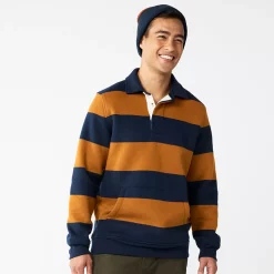 Men's Sonoma Goods For Life® Striped Fleece Rugby Pullover -Outdoor Clothing Sales 5589033 Blue Brown Stripe