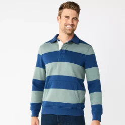 Men's Sonoma Goods For Life® Striped Fleece Rugby Pullover -Outdoor Clothing Sales 5589033 Green Blue Stripe