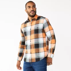 Men's Sonoma Goods For Life® Flannel Button-Down Shirt -Outdoor Clothing Sales 5624605 Orange Black Plaid