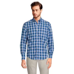 Men's Lands' End Traditional-Fit Essential Lightweight Poplin Shirt -Outdoor Clothing Sales 5918286 Chicory Blue Plaid