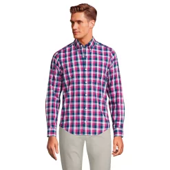Men's Lands' End Traditional-Fit Essential Lightweight Poplin Shirt -Outdoor Clothing Sales 5918286 Magenta Berry Plaid