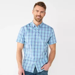 Men's Sonoma Goods For Life® Performance Button-Down Shirt -Outdoor Clothing Sales 5933019 Blue Pink Plaid